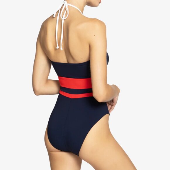 NWT Robin Piccone Babe Bandeau One Piece with Halter Neck in Navy Combo Size 12 - Picture 2 of 6